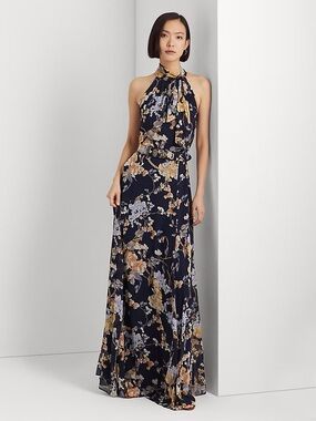 Lauren Ralph Lauren Navy Floral Halter Gown with Belt